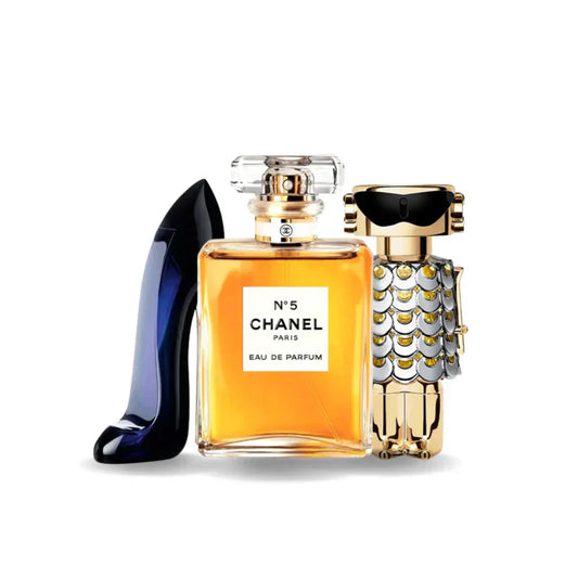 Combo de 3 perfumes Carolina Herrera GOOD GIRL, Chanel Nº5 e Paco Rabanne FAME
